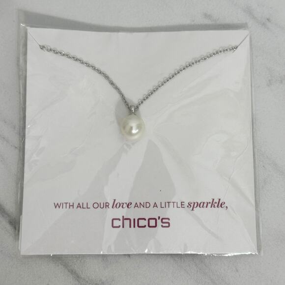 Chicos Silver Tone Faux Pearl Chain Link Necklace NWT Delicate ✨ - Picture 1 of 8